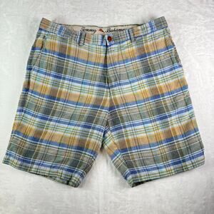 Tommy Bahama Mens Plaid Linen Tencel Shorts Size 34 Blue Green Tan Flat Beach